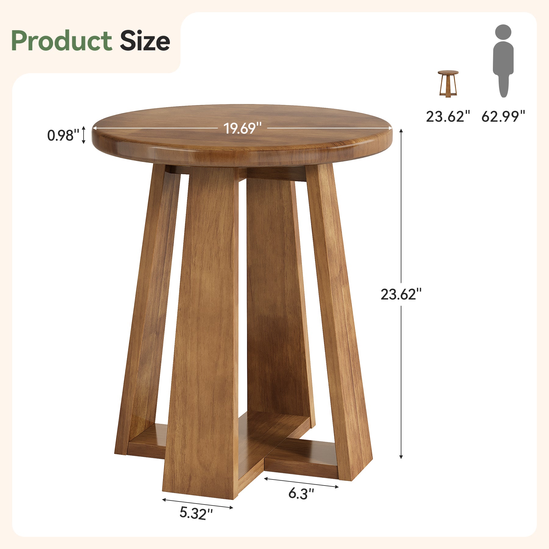 19.69 Inch Solid Wood Round End Table with Geometric Legs, Side Table for Living Room