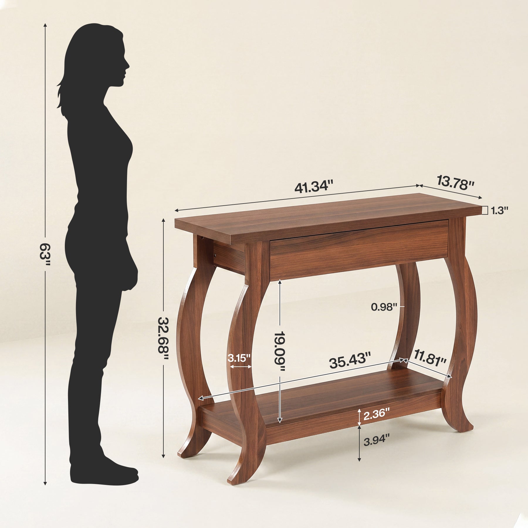 41.3-Inch Narrow Console Table with Drawer, Curved-Leg Hallway Table with Storage