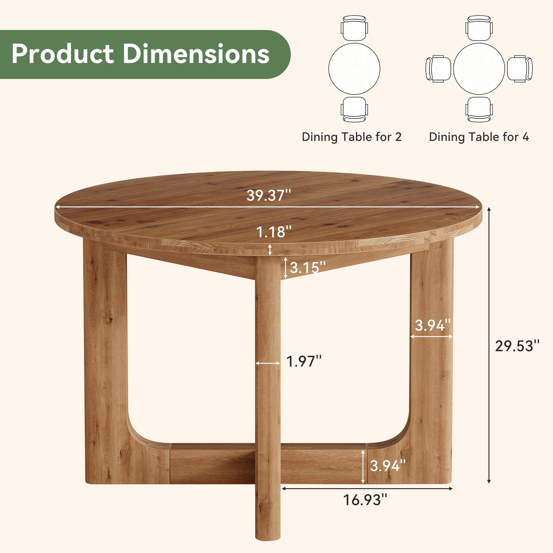 39.4-Inch Round Solid Wood Dining Table with X-Cross Legs, Farmhouse Kitchen Table for 2 to 4 People