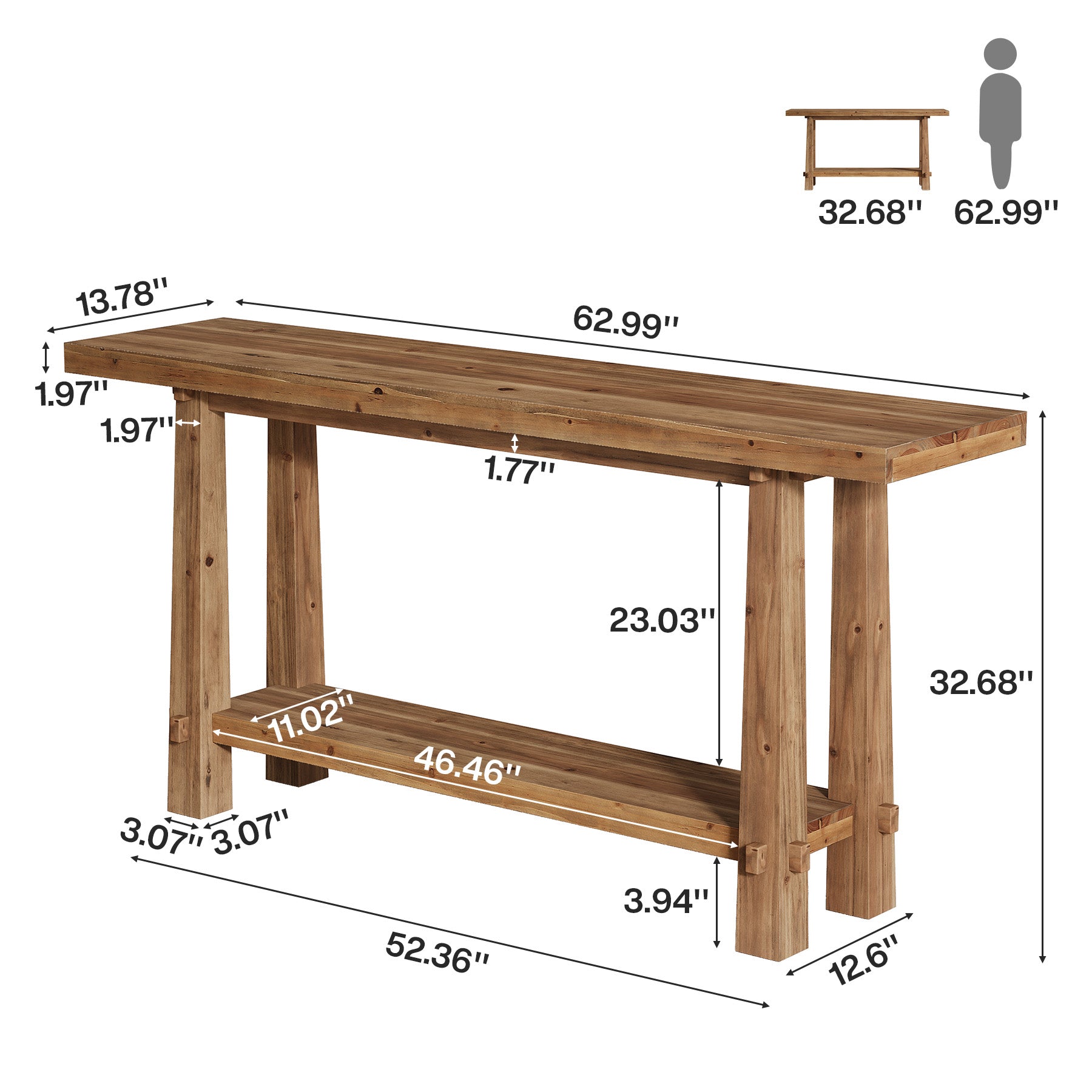 Tribesigns 63" Console Table, Farmhouse Solid Wood Entryway Sofa Table with 2-Tier Storage