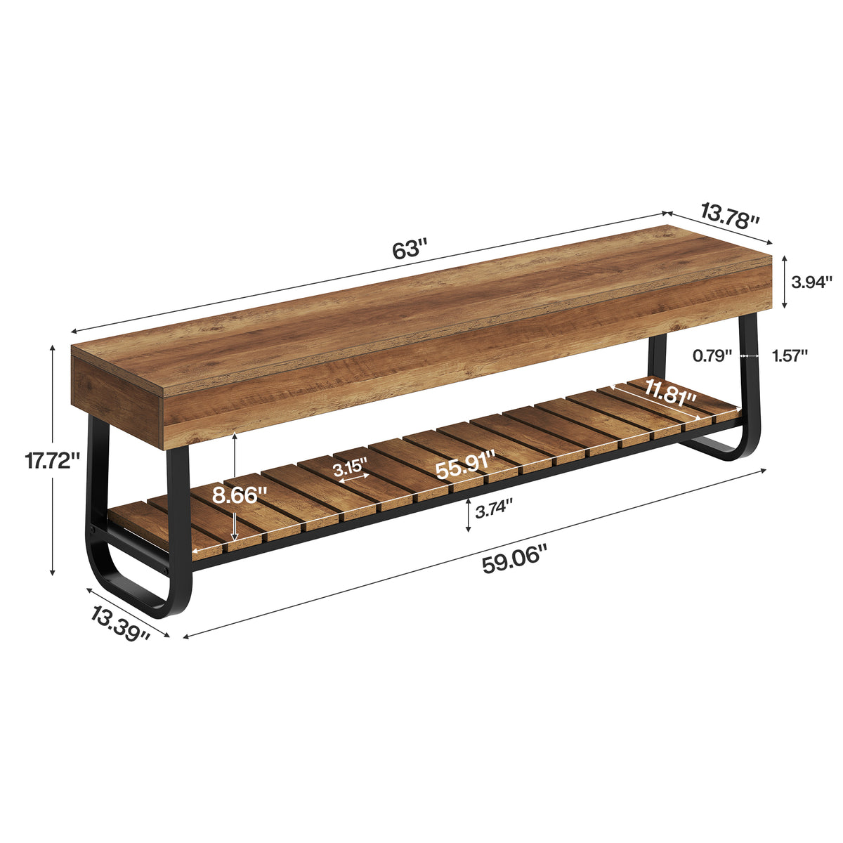 Tribesigns 63" Long Entryway Bench with Slatted Shoe Storage, Industrial Hallway Bench for 2-3