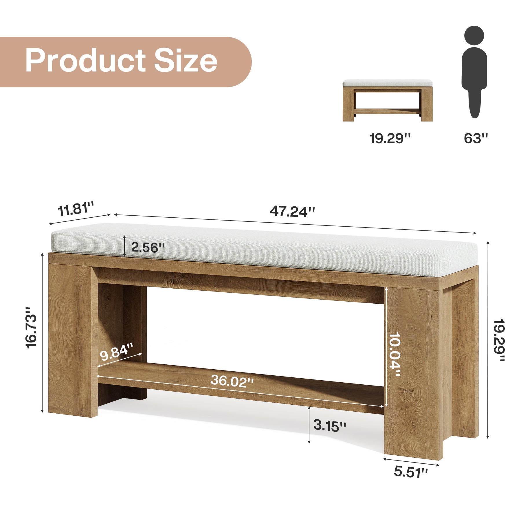 Tribesigns 47.24-Inch Upholstered Hallway Bench with Padded Seat, Farmhouse Bed Bench for Bedroom