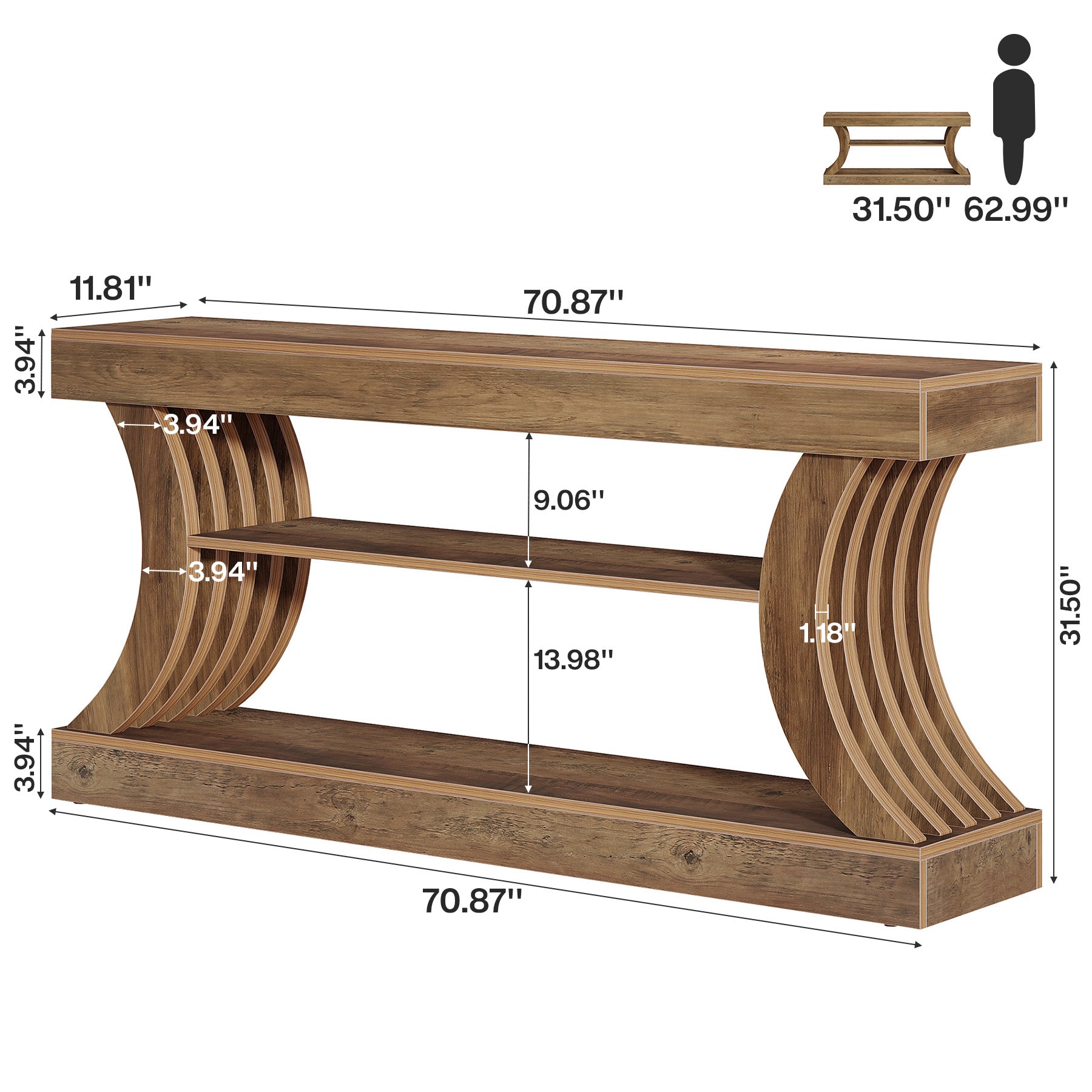 70.9-Inch 3-Tier Console Table with Curved Base, Farmhouse Hallway Table with Storage
