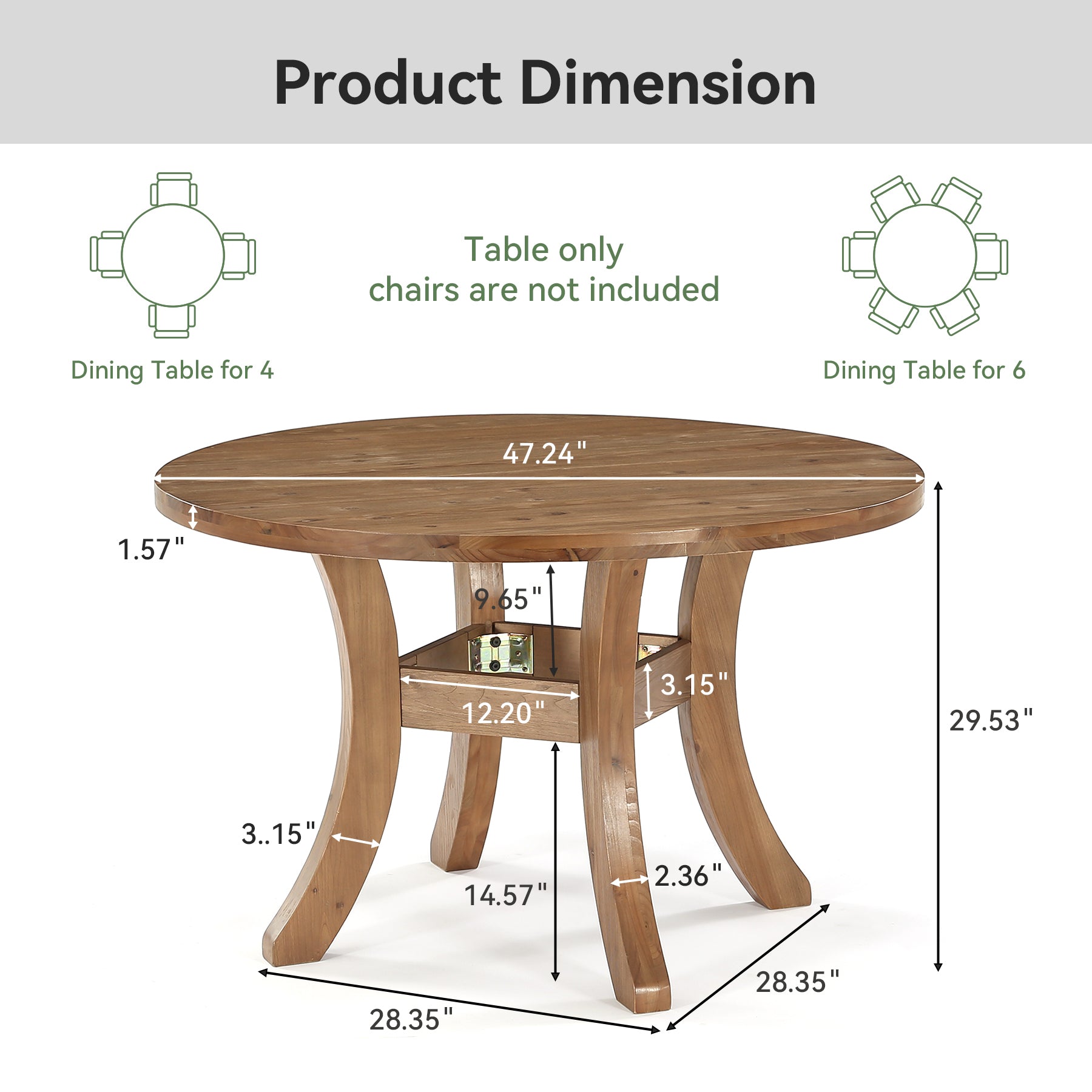 Tribesigns 47" Round Dining Table, Solid Wood Farmhouse Kitchen Table for 4-6 with Curved Legs