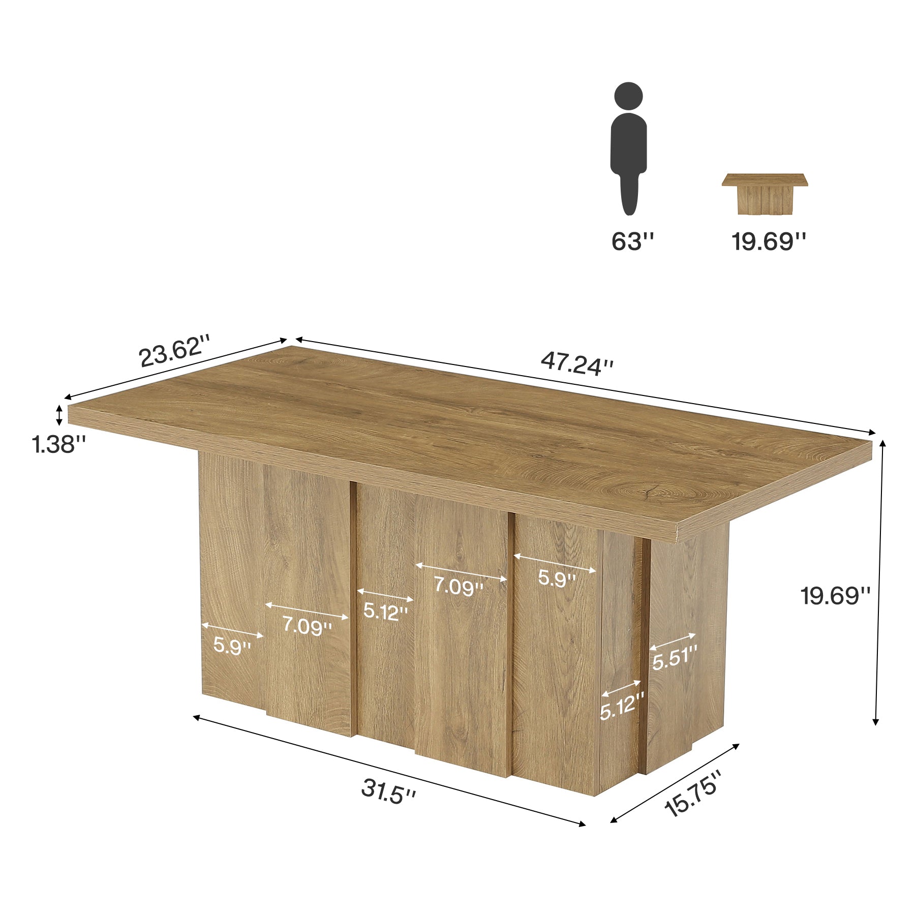 47.2-Inch Coffee Table with Fluted Pedestal Base, Farmhouse Center Table for Living Room