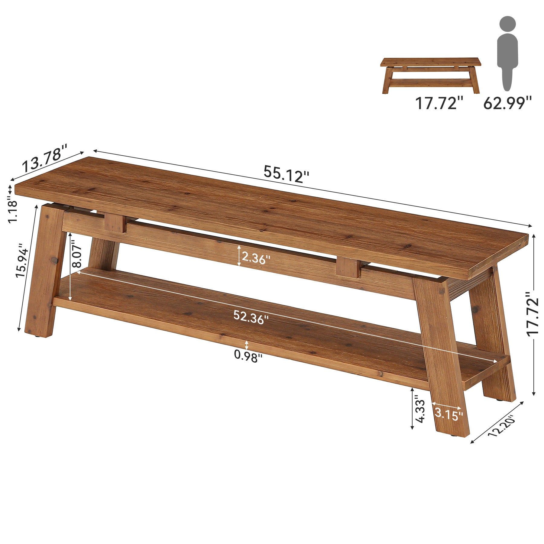 55-Inch Solid Wood Shoe Storage Bench with Lower Shelf, Farmhouse Entryway Seating for Hallway