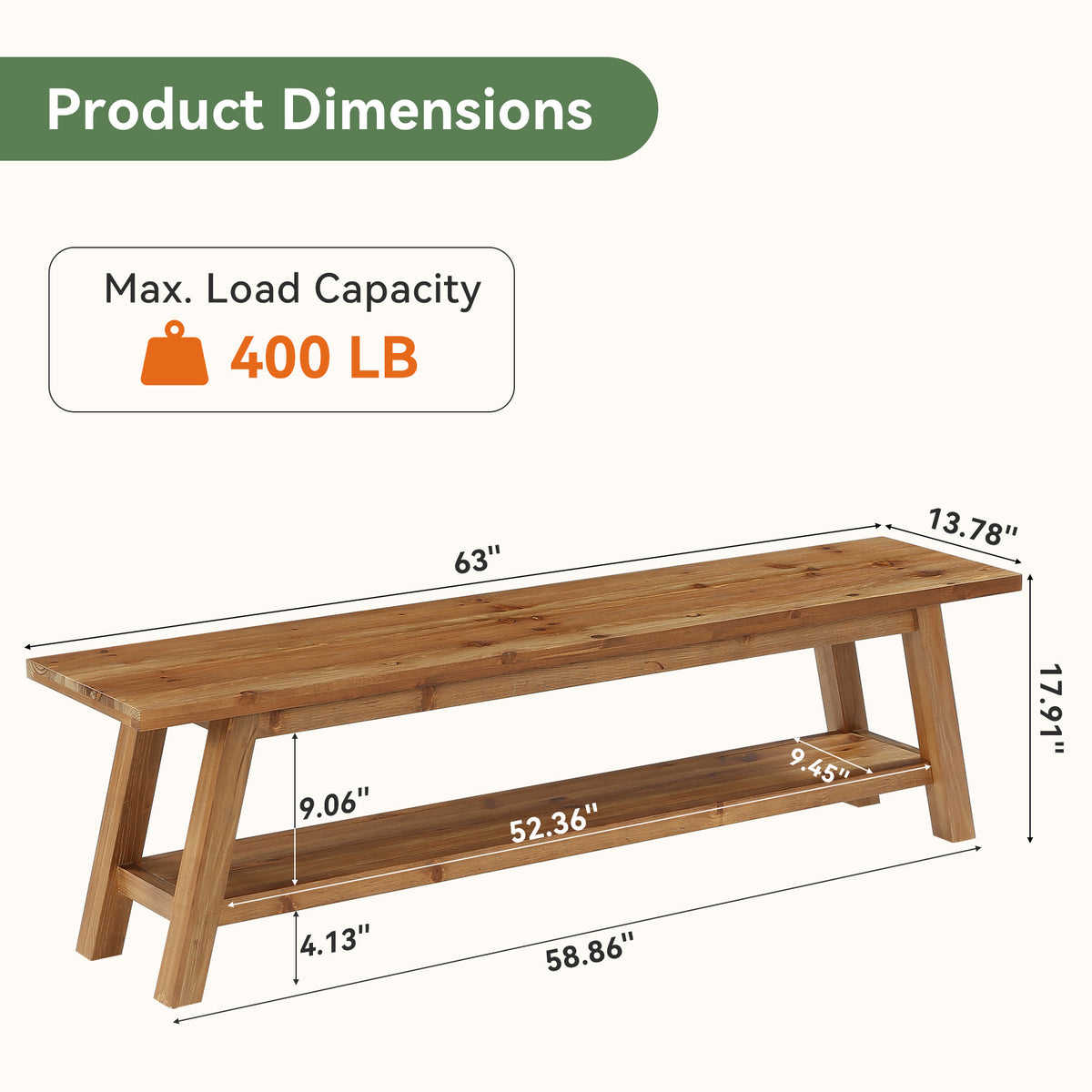 63" Farmhouse Kitchen Bench with Storage Shelf, Solid Wood Dining Bench