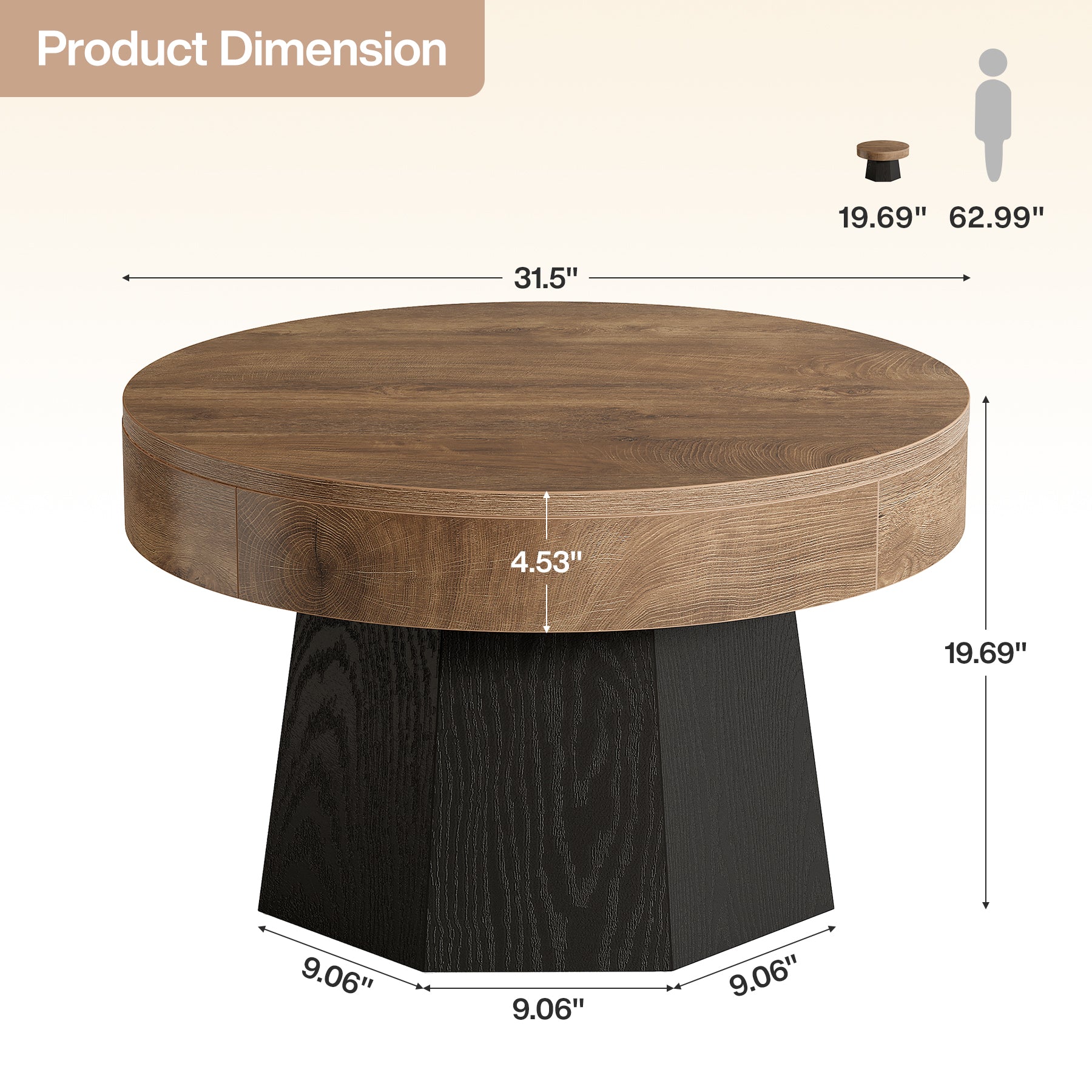 31.5-Inch Round Coffee Table with Octagonal Base, Modern Centre Table for Living Room