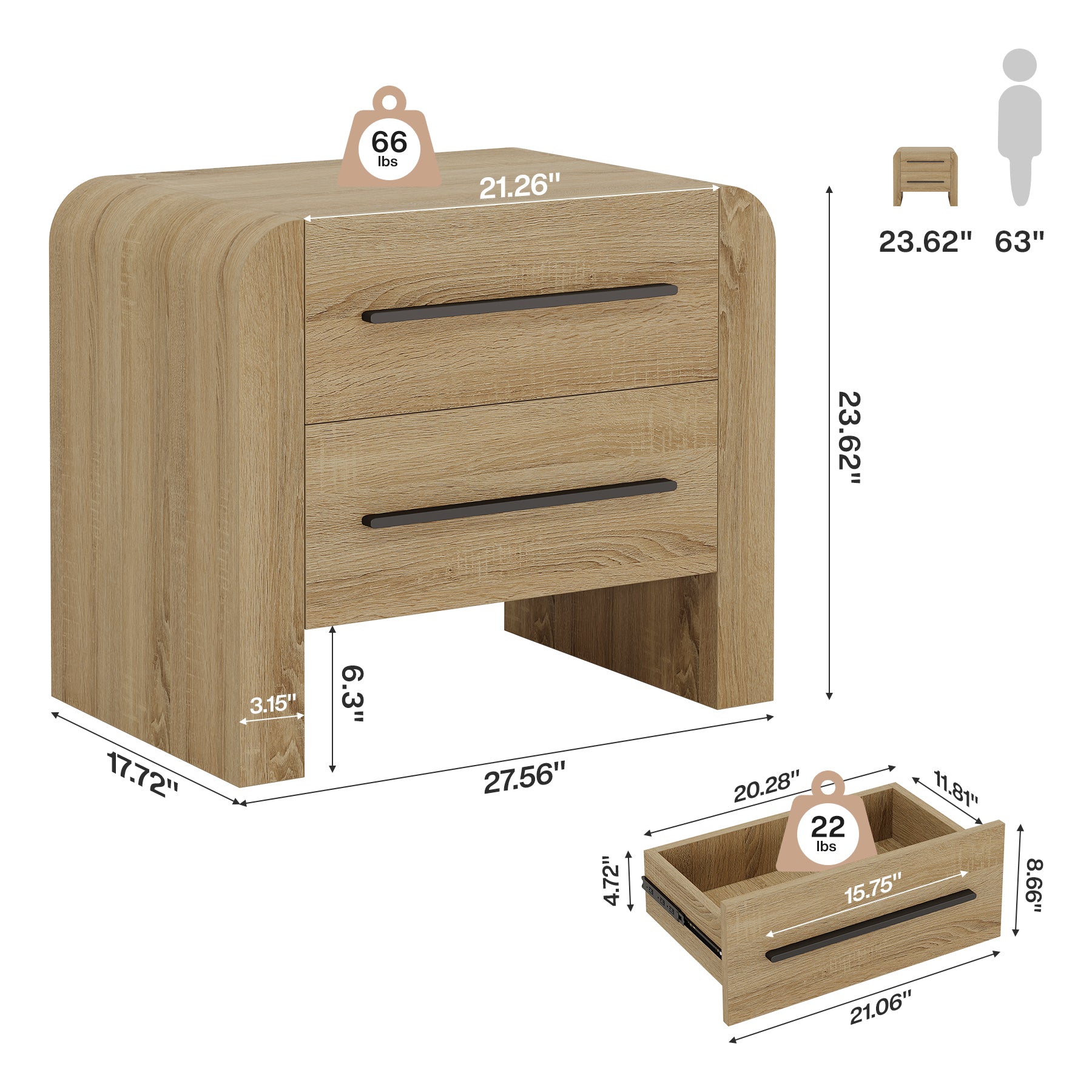 Tribesigns 27.55 Inch 2-Drawer Nightstand with Curved Edges, Modern Bedside Table for Bedroom