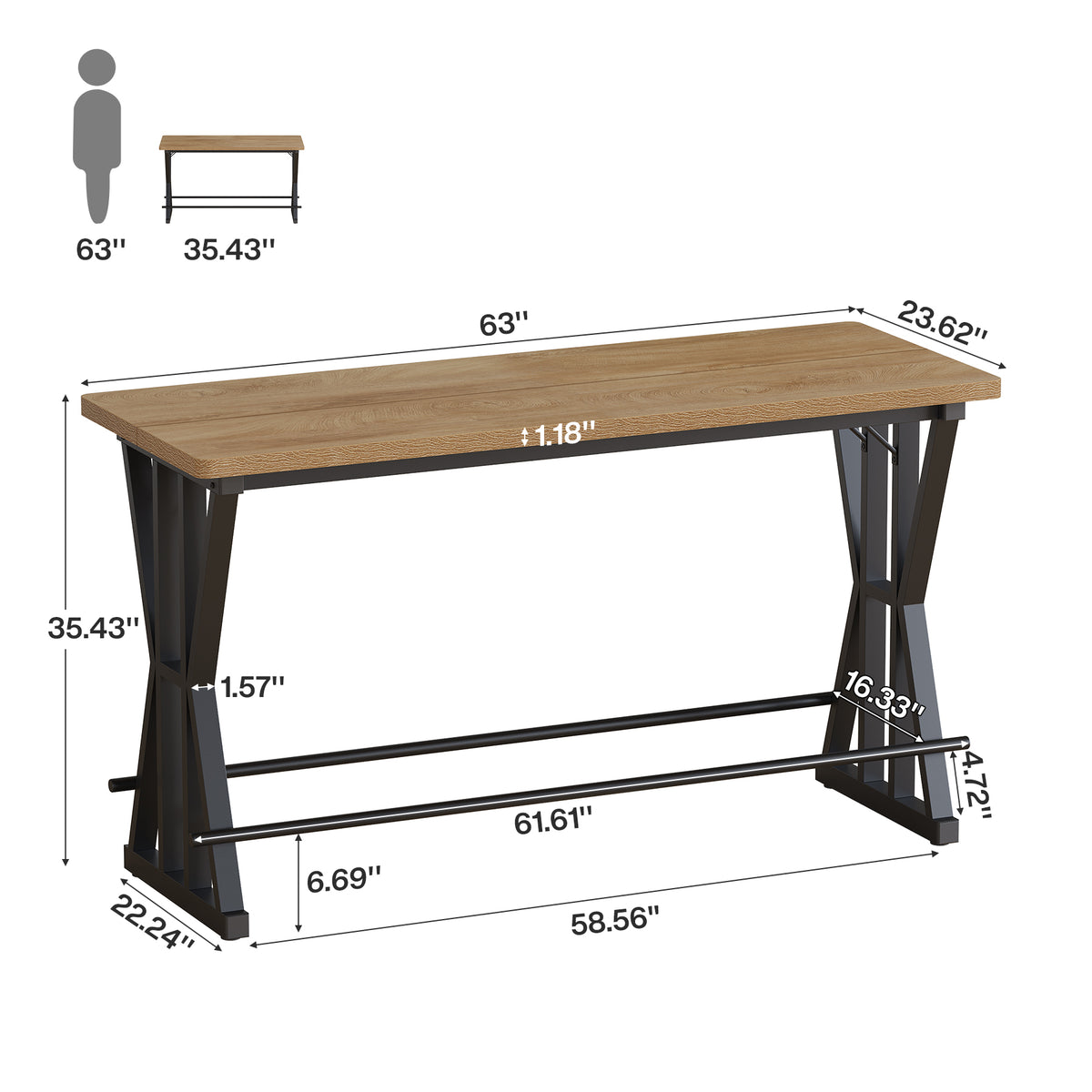 Tribesigns 63-Inch Industrial Bar Table with X-Frame Legs, Long Pub Table with Dual Footrests