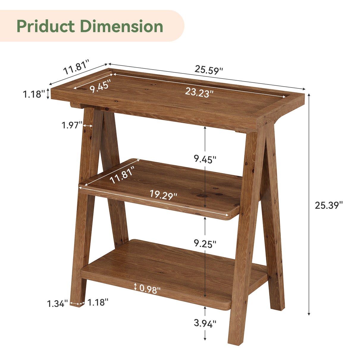 Tribesigns 25.59 Inch Solid Wood Side Table with 3-Tier Storage, Narrow End Table for Living Room