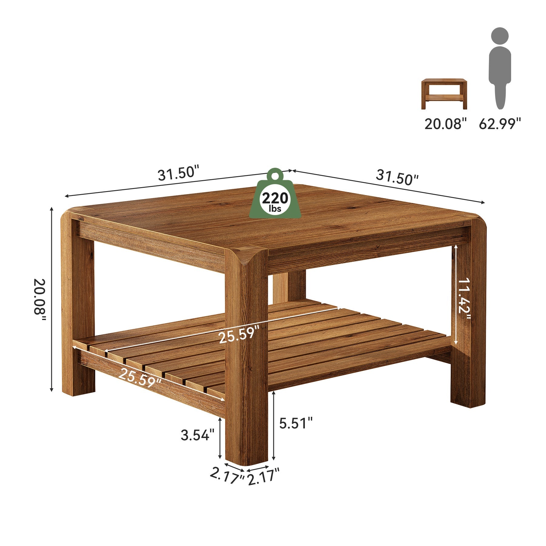 31.5" Solid Wood Coffee Table, 2-Tier Square Table with Rounded Corners