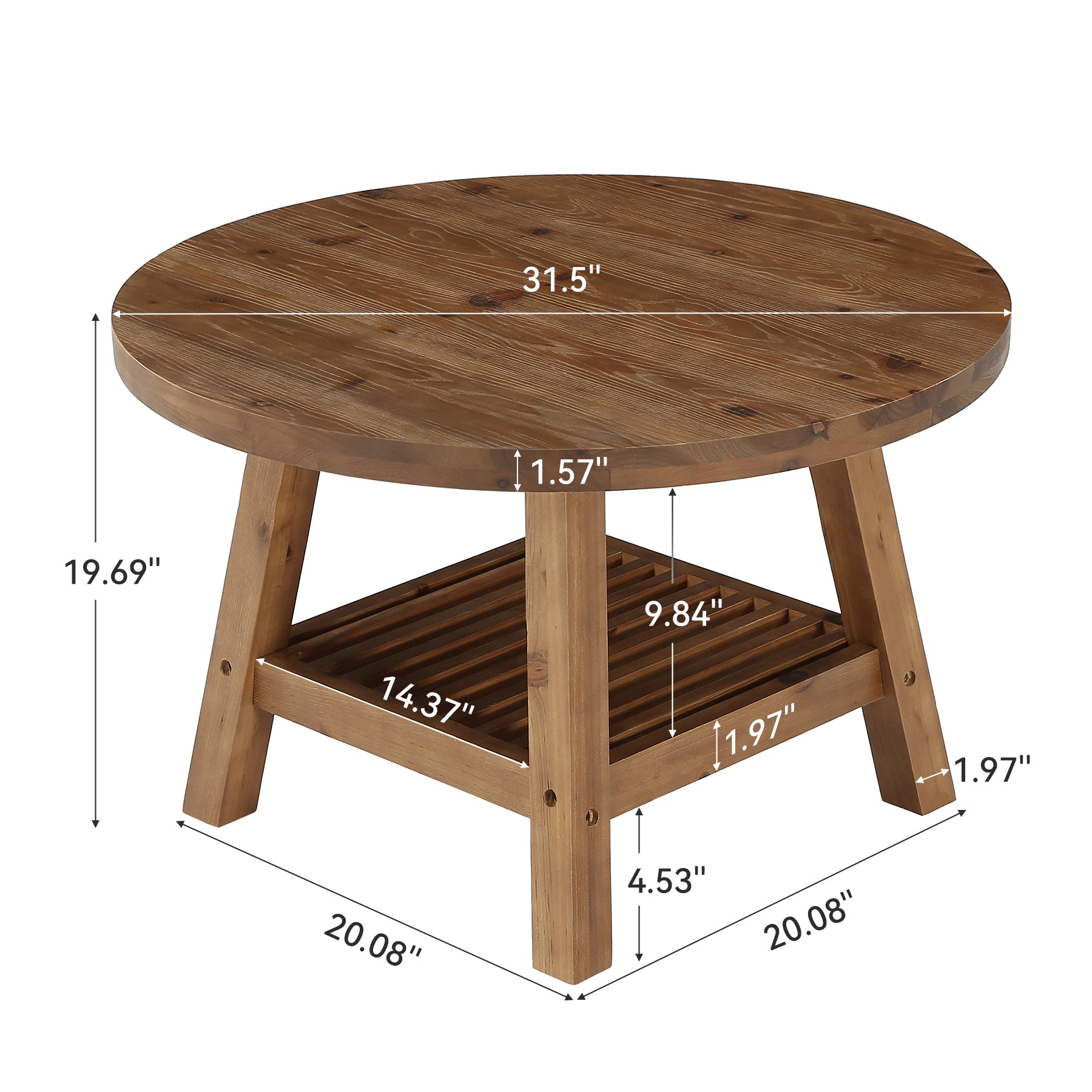 31.5 Inch Solid Wood Round Coffee Table with 2-Tier Storage, Living Room Center Table