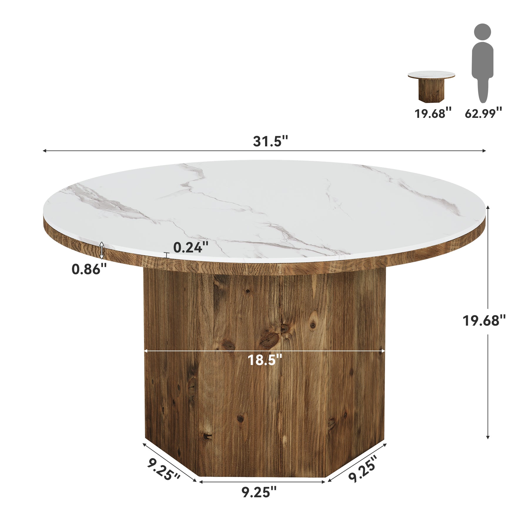 31.5" Sintered Stone Coffee Table, White Round Table with Solid Wood Base for Living Room