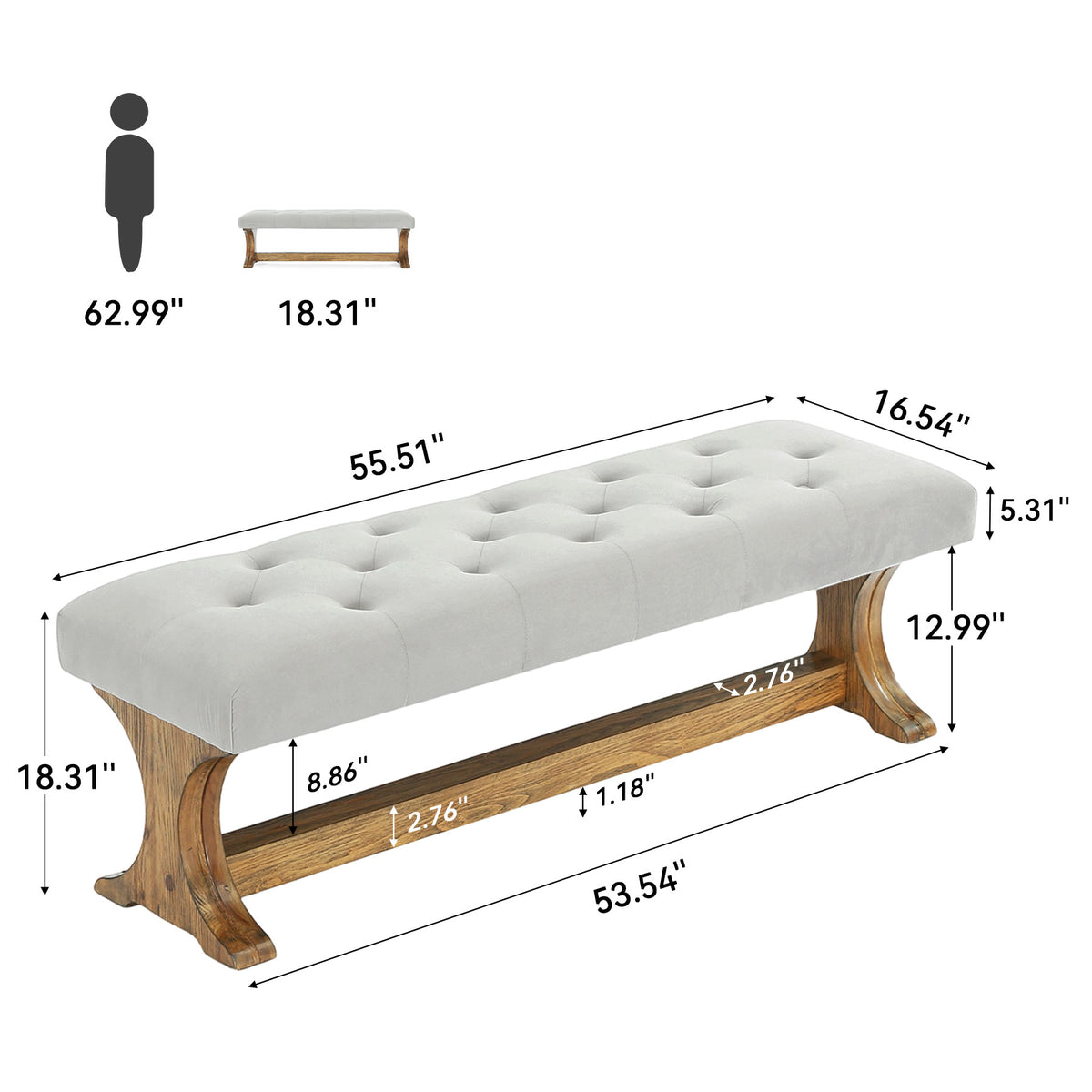 Tribesigns 55 Inch Upholstered End of Bed Bench with Tufted Cushion, Farmhouse Storage Bench for Bedroom and Living Room