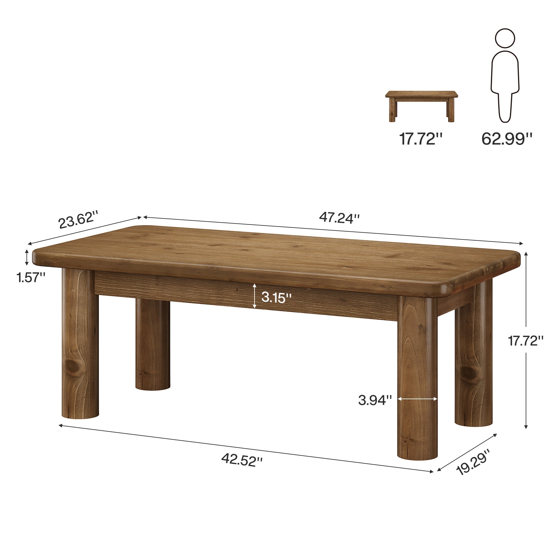 Tribesigns 47.2-Inch Solid Wood Coffee Table with Rectangular Tabletop