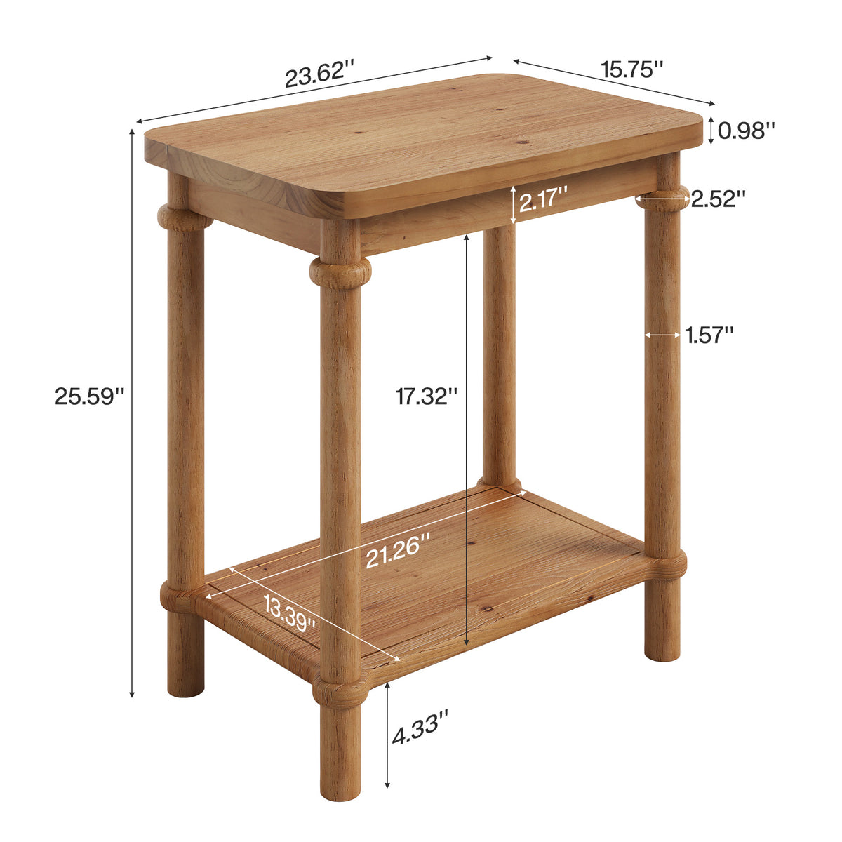 2-Tier Solid Wood Side Table with Storage Shelf, Space-Saving End Table for Living Room and Bedroom