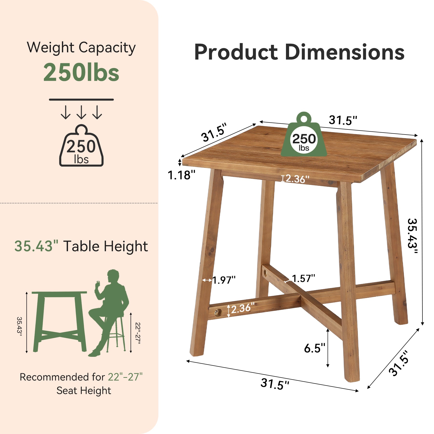 31.5-Inch Square Solid Wood Bar Table with Footrest, Farmhouse Counter Height Bistro Table
