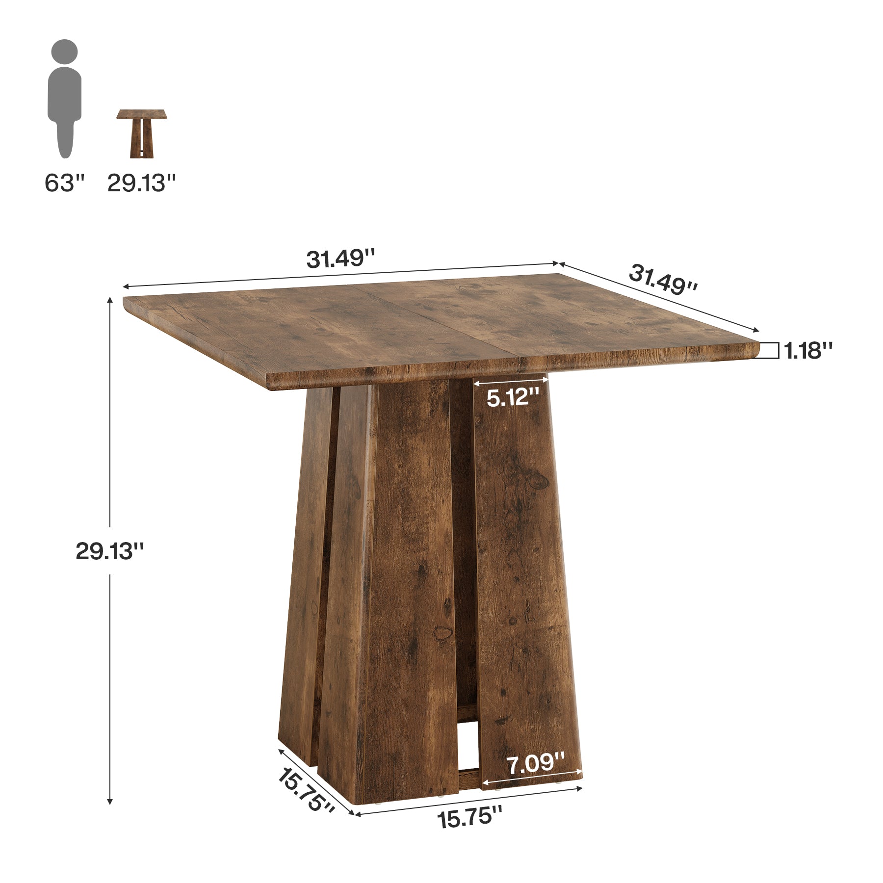 Rustic Square Dining Table, 31.5" Farmhouse Kitchen Table with Heavy-Duty Pedestal Base