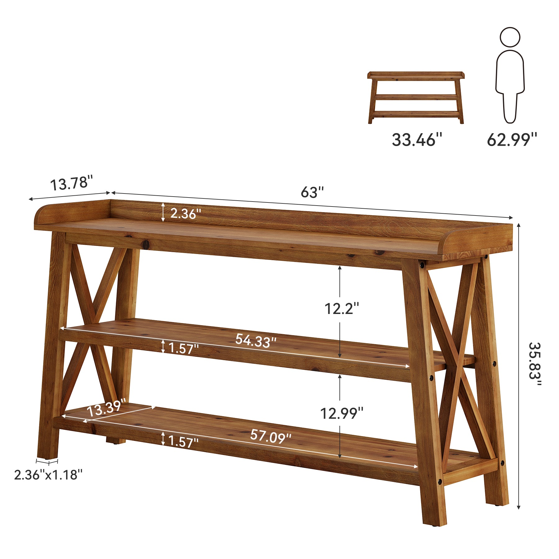 Tribesigns 63-Inch Solid Wood Console Table with X-Frame, 3-Tier Hallway Table for Living Room