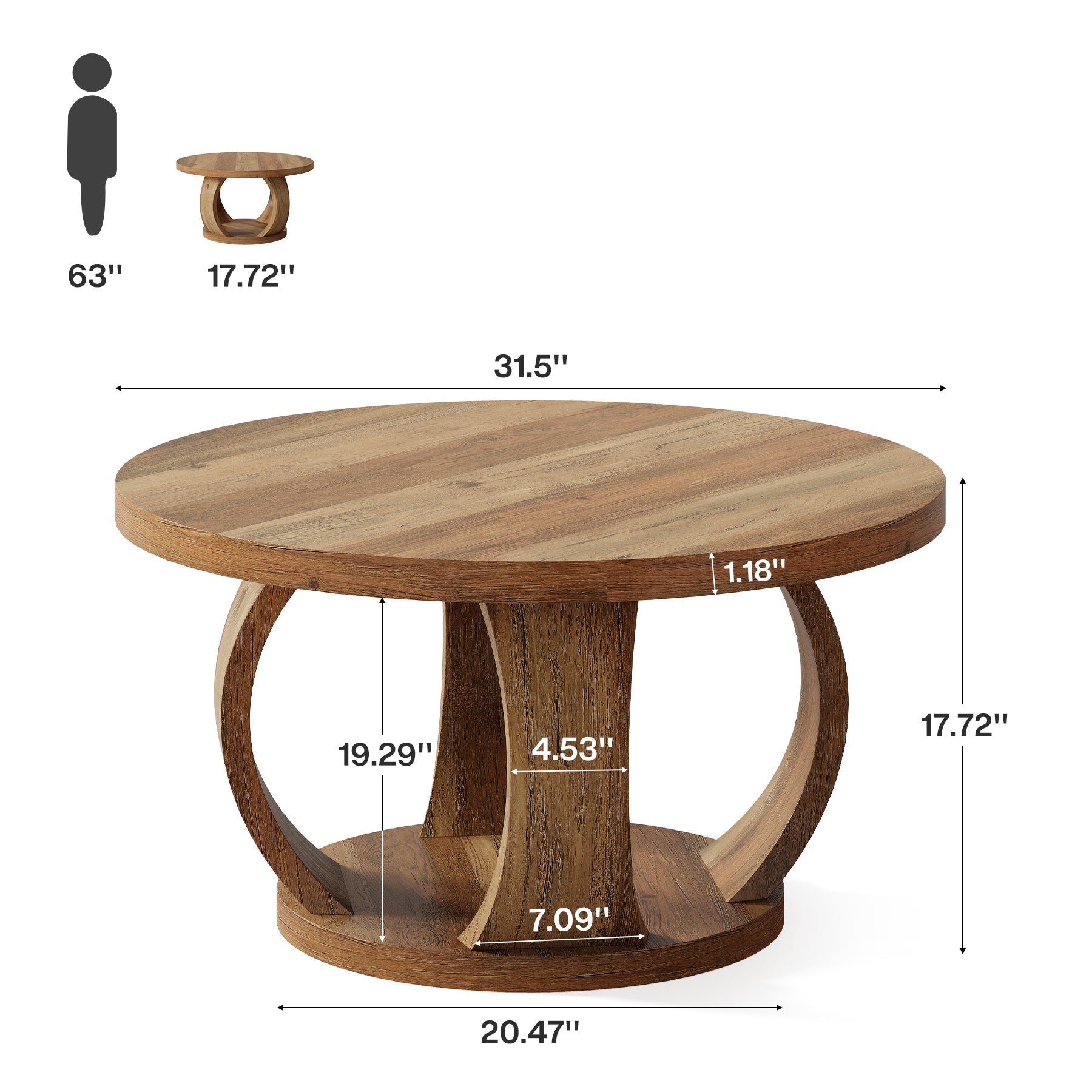 Tribesigns 31.5" Wooden Circle Coffee Table, 2-Tier Storage for Small Spaces