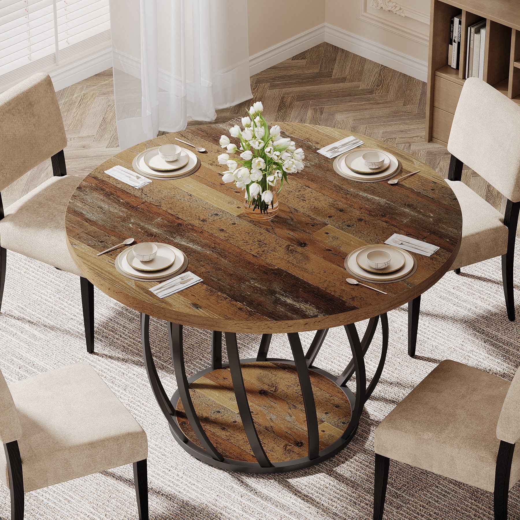 4-6 People Farmhouse Dining Table, Wood Kitchen Table with Sturdy Metal Base