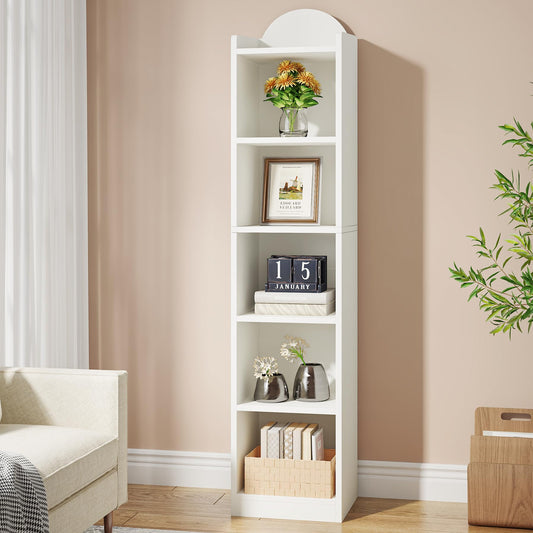 White Tall Narrow Corner Bookcase with Storage, Tribesigns 5-Tier Cube Display Shelves