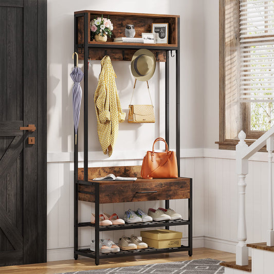 Tribesigns 3-in-1 Entryway Hall Tree with Drawer, Vintage Industrial Coat Rack, Shoe Bench, and Hutch