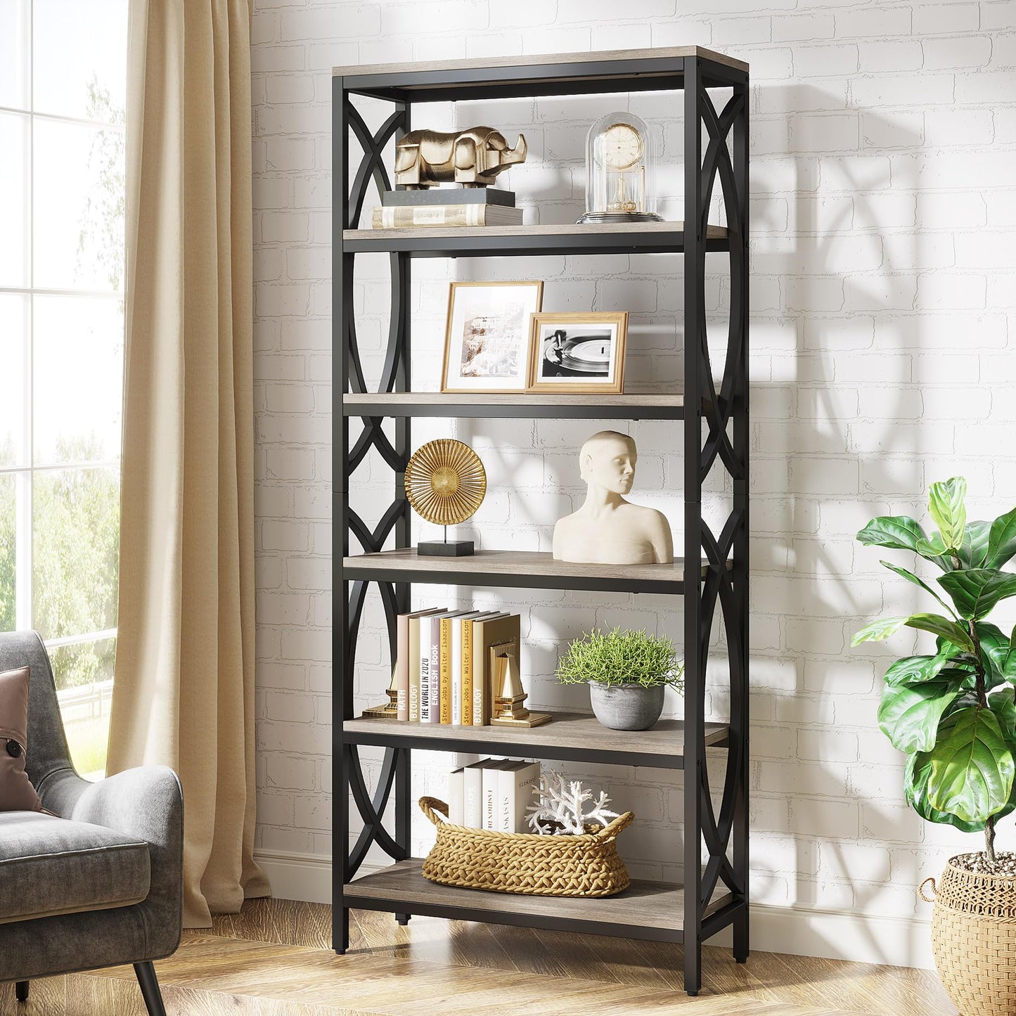 Tribesigns 6-Tier 180cm Tall Modern Wooden Bookshelf with Metal Frame - Freestanding Open Storage Rack for Office