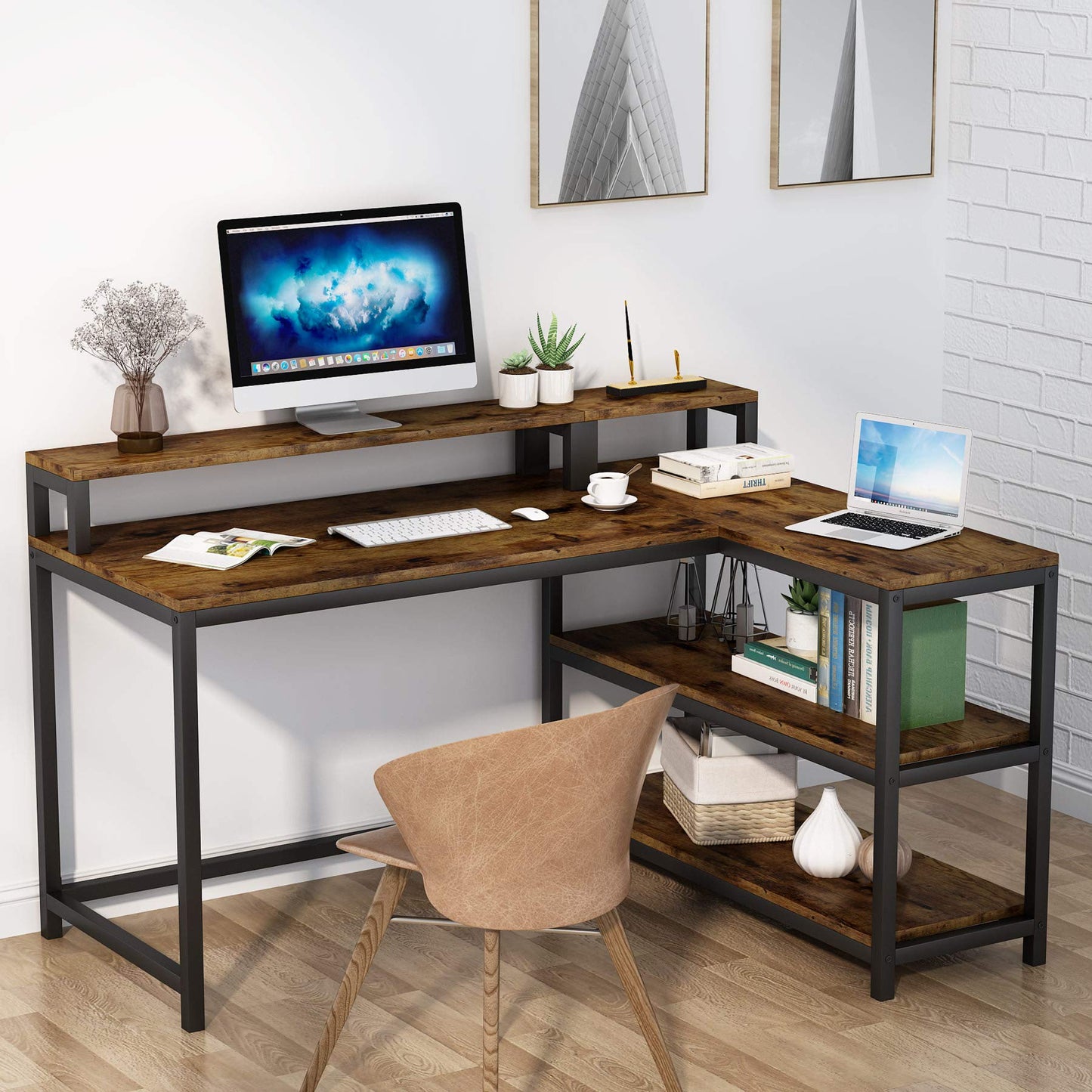 Tribesigns L-Shaped Computer Desk with Monitor Stand for Home Office Study