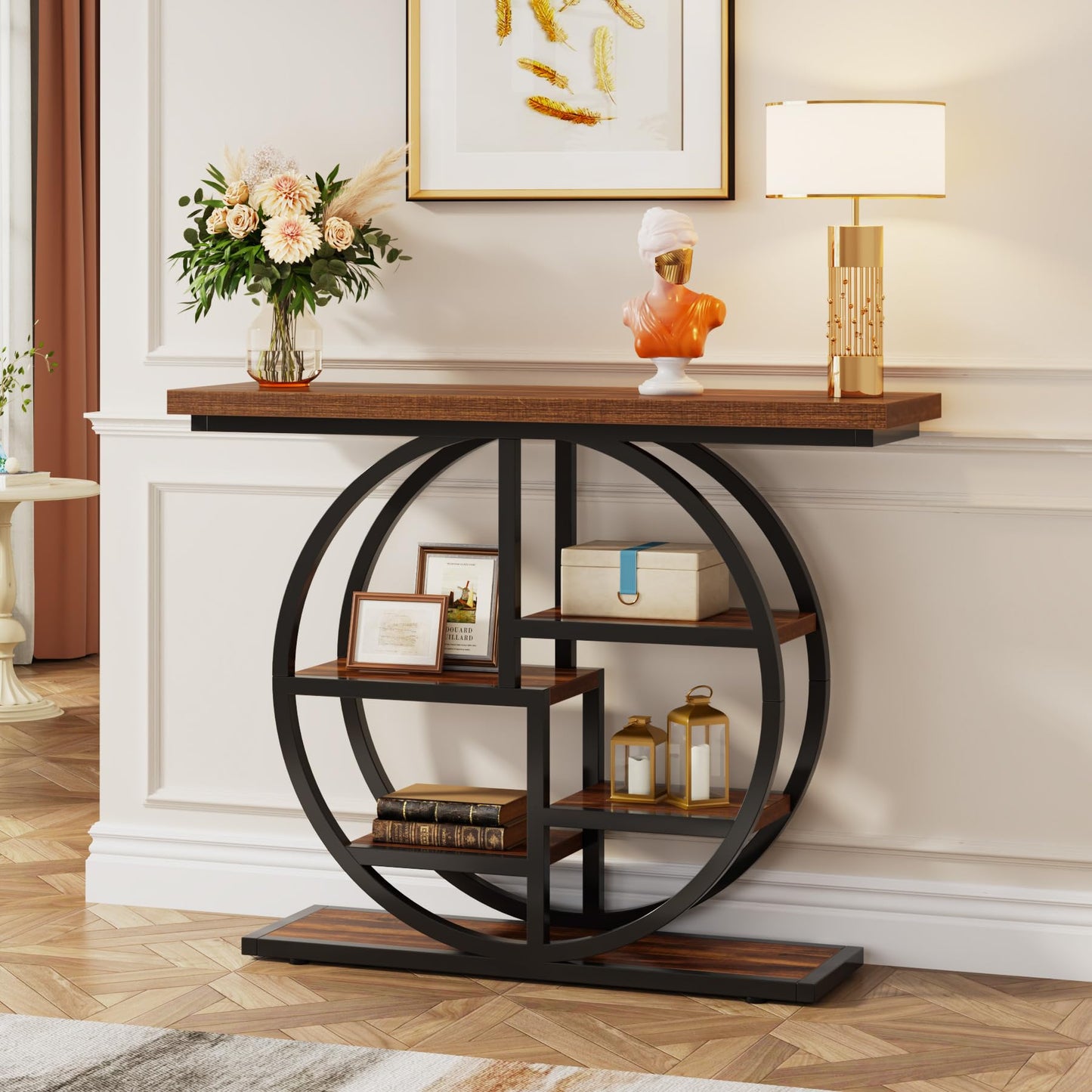 Tribesigns Industrial Console Table - 105cm Narrow 6-Tier Sofa Entryway Table with Circle Base, Storage Shelves