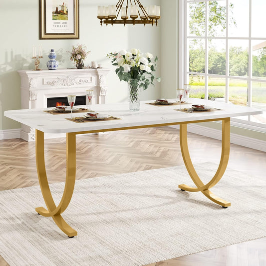 Tribesigns 63-Inch White and Gold Rectangular Dining Table for 4-6, Modern Kitchen Table