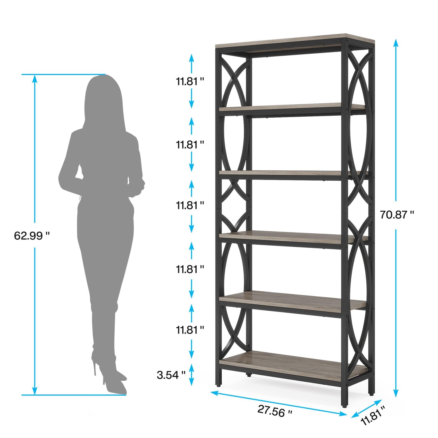 Tribesigns 6-Tier 180cm Tall Modern Wooden Bookshelf with Metal Frame - Freestanding Open Storage Rack for Office