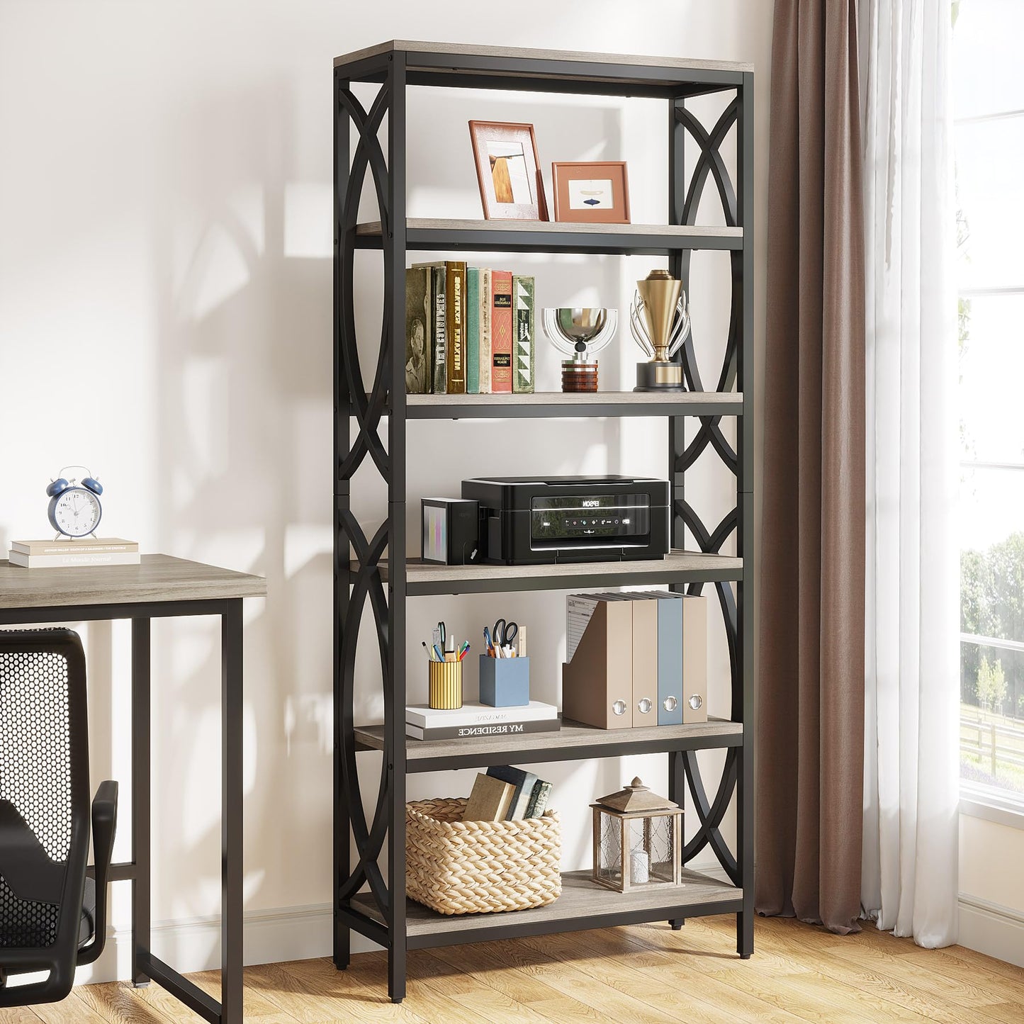 Tribesigns 6-Tier 180cm Tall Modern Wooden Bookshelf with Metal Frame - Freestanding Open Storage Rack for Office