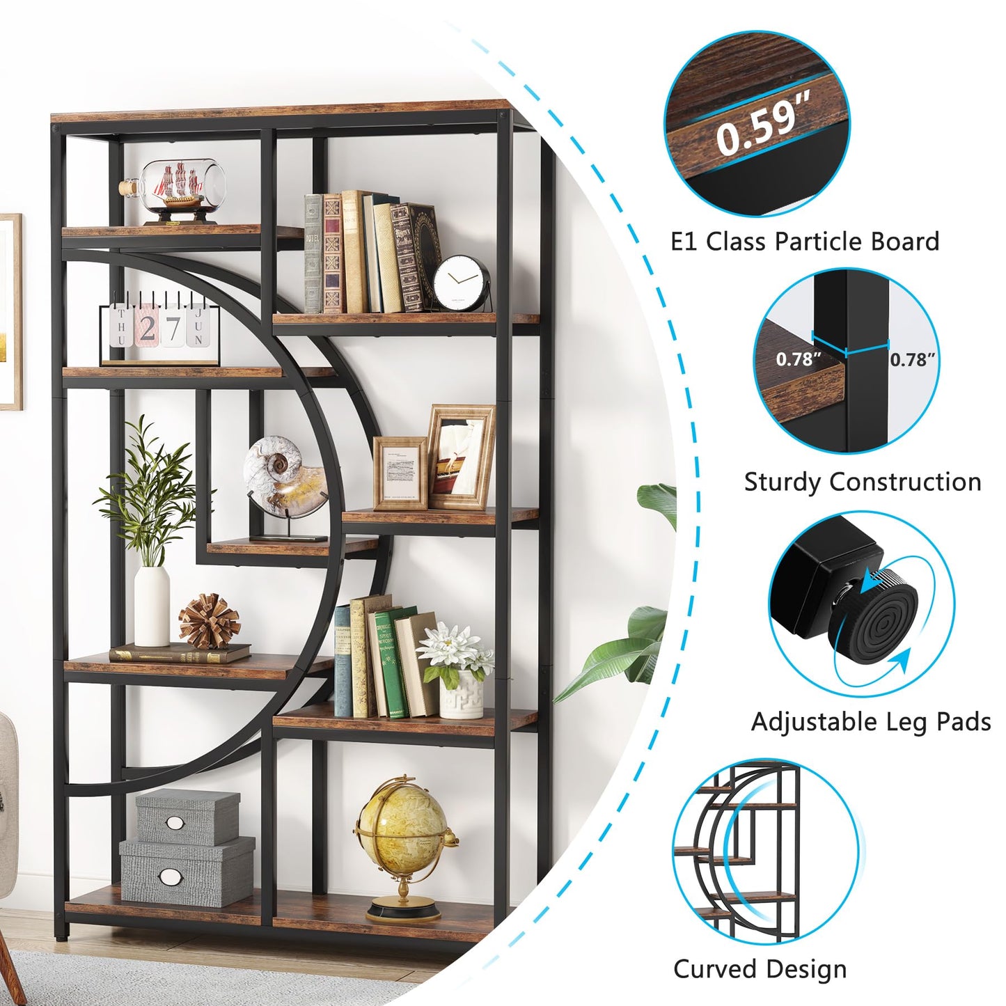 Tribesigns 5-Tier Industrial Bookshelf for Living Room, Bedroom, Home Office - Display Shelf with 9 Open Storage Shelves