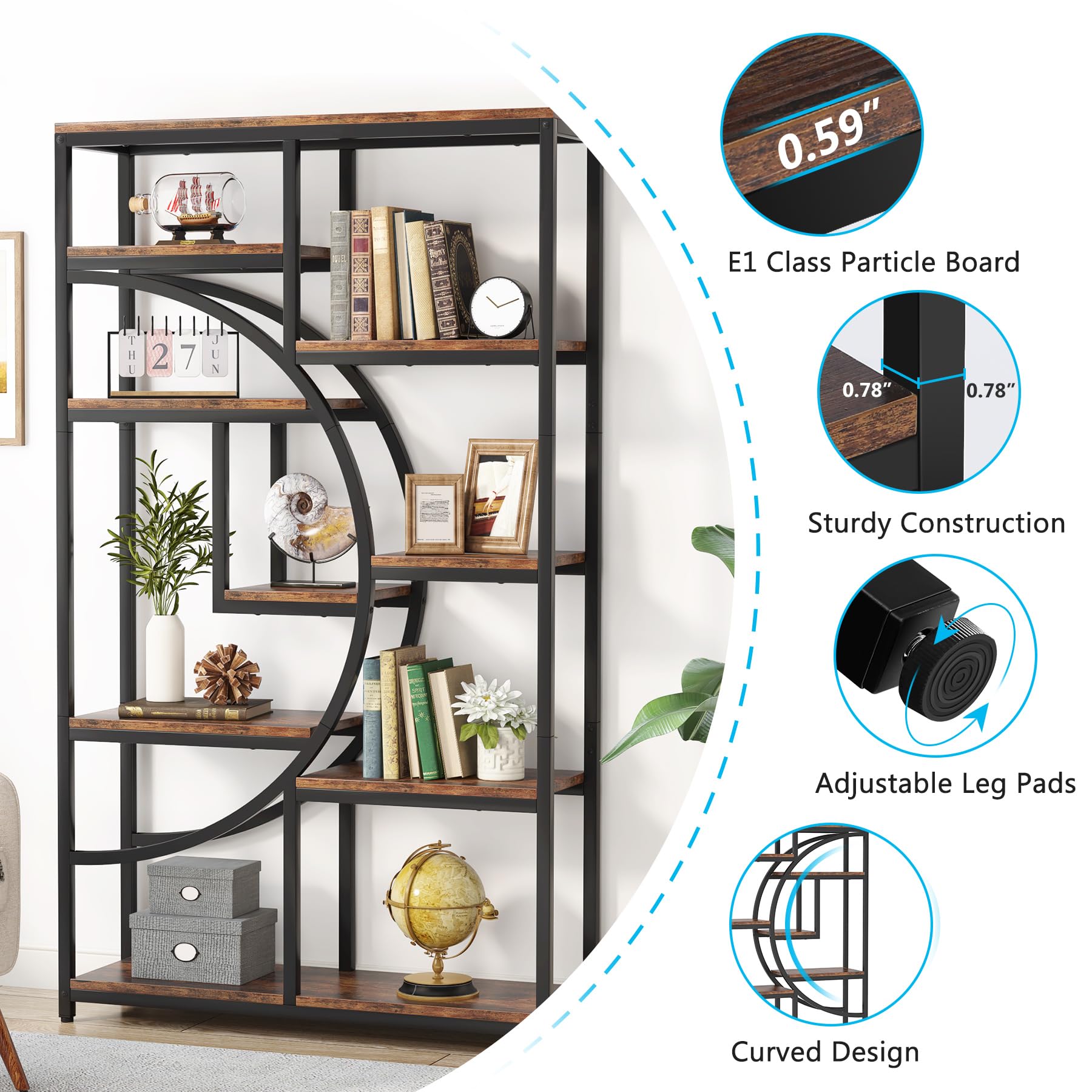 37.4 Inch 5-Tier Industrial Bookshelf for Living Room, Bedroom, Home Office