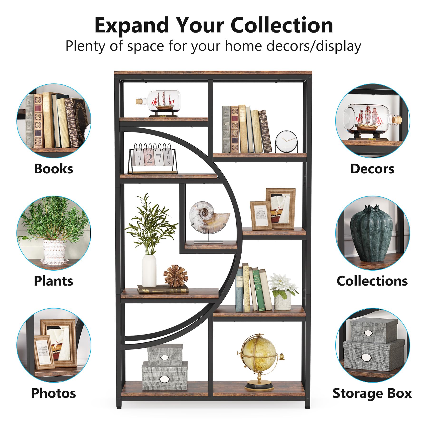 37.4 Inch 5-Tier Industrial Bookshelf for Living Room, Bedroom, Home Office
