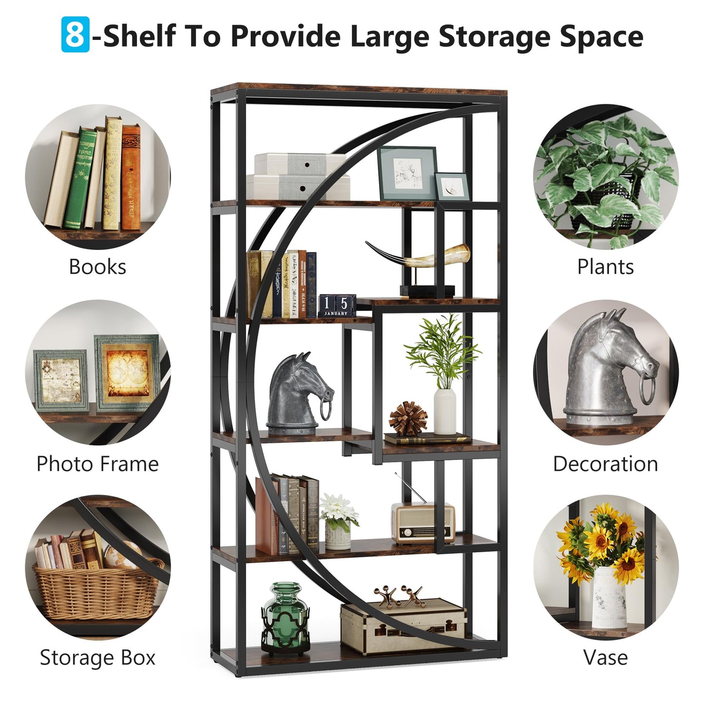 Tribesigns Industrial 5-Tier Bookshelf - 70.8" Tall Etagere Bookcase with 8 Open Storage Shelves for Home & Office