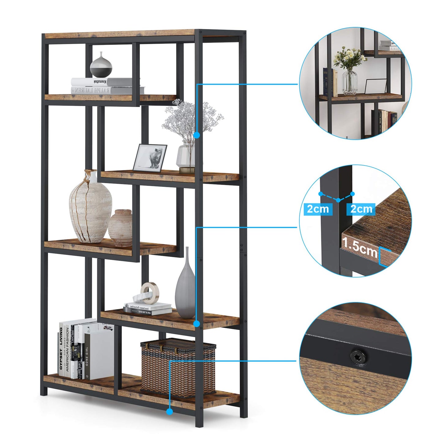 Tribesigns 5-Tier Industrial Bookshelf, 70.8-inch Tall Staggered Bookcase for Home Office