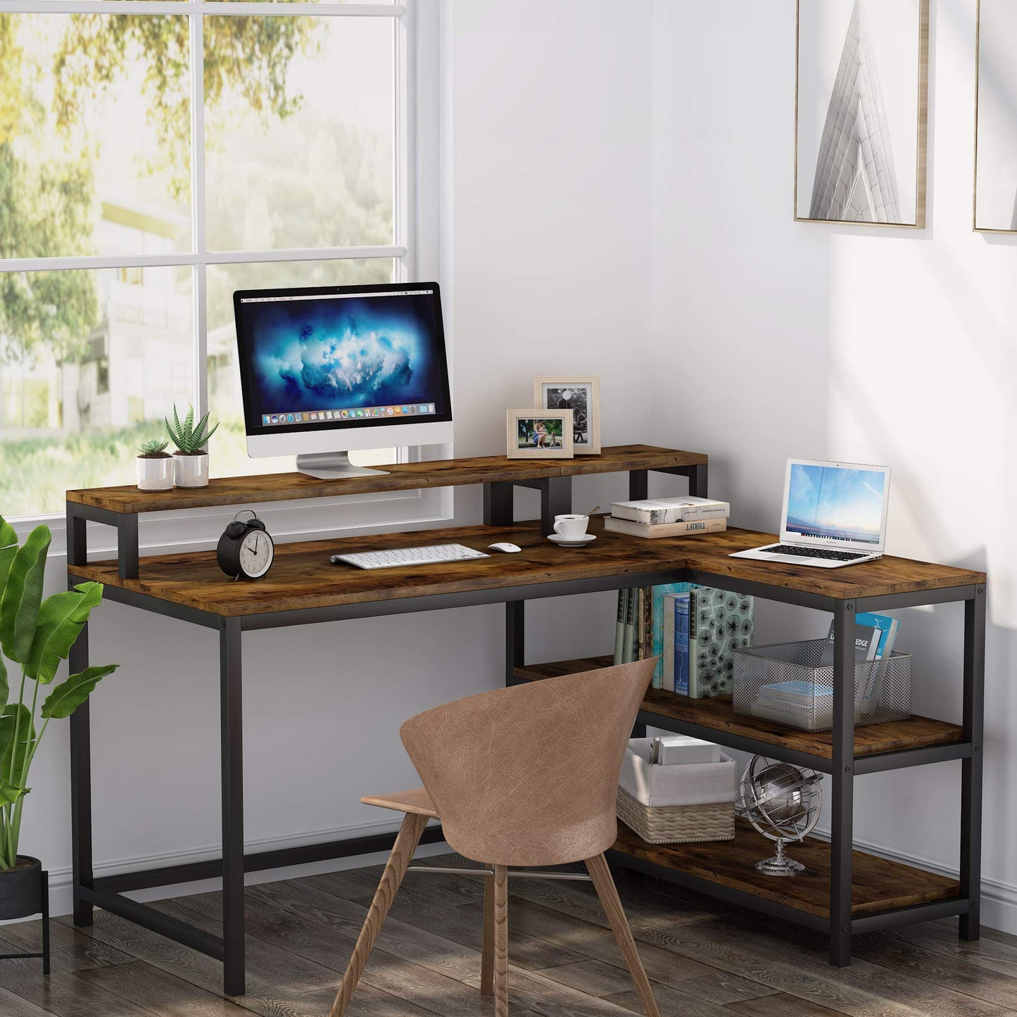 Tribesigns L-Shaped Computer Desk with Monitor Stand for Home Office Study