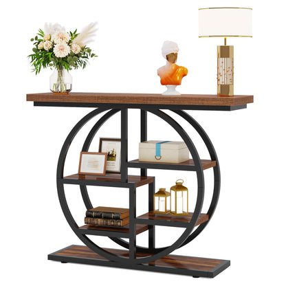 Tribesigns Industrial Console Table - 105cm Narrow 6-Tier Sofa Entryway Table with Circle Base, Storage Shelves