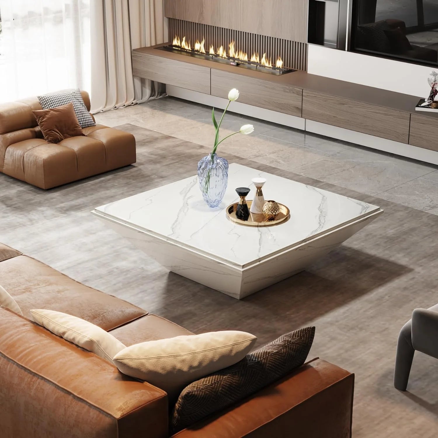 Modern Coffee Table, 35.43" Center Table with Faux Marble Top