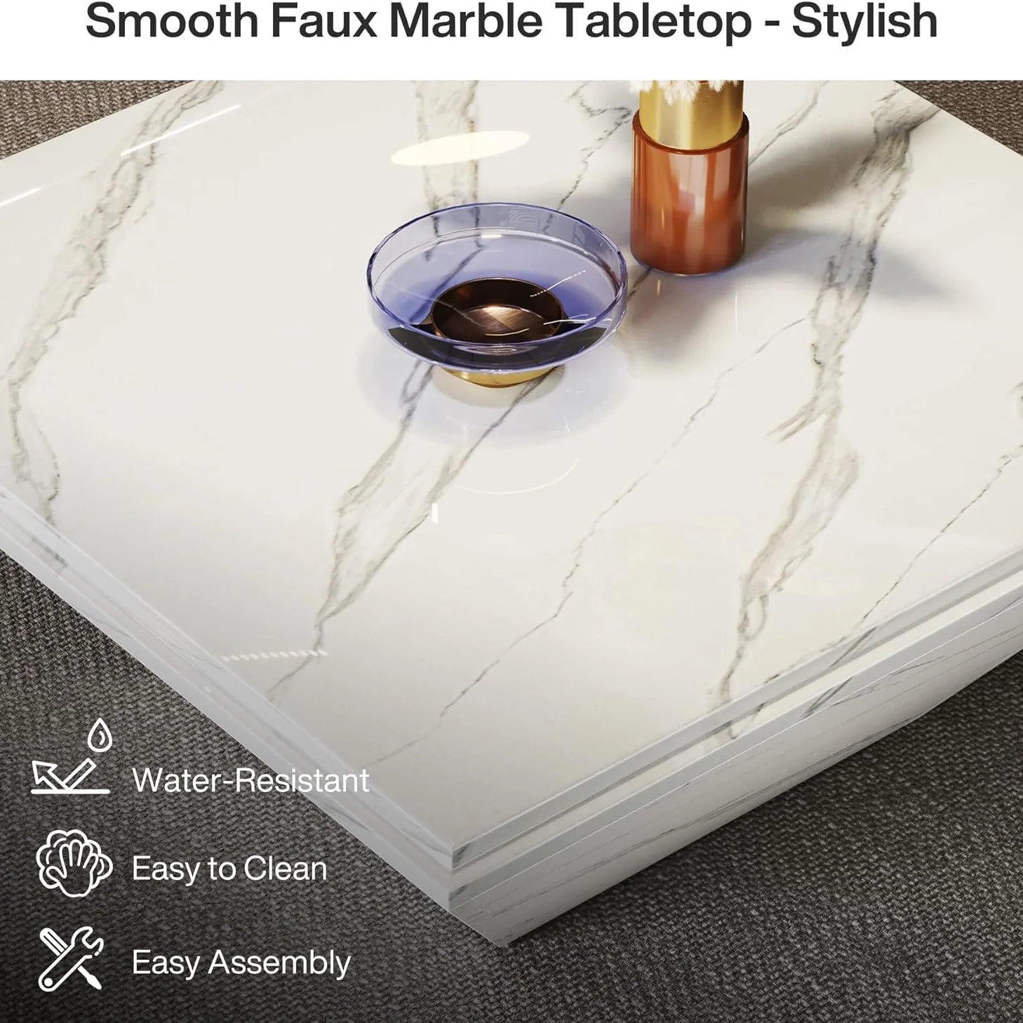 Modern Coffee Table, 35.43" Center Table with Faux Marble Top