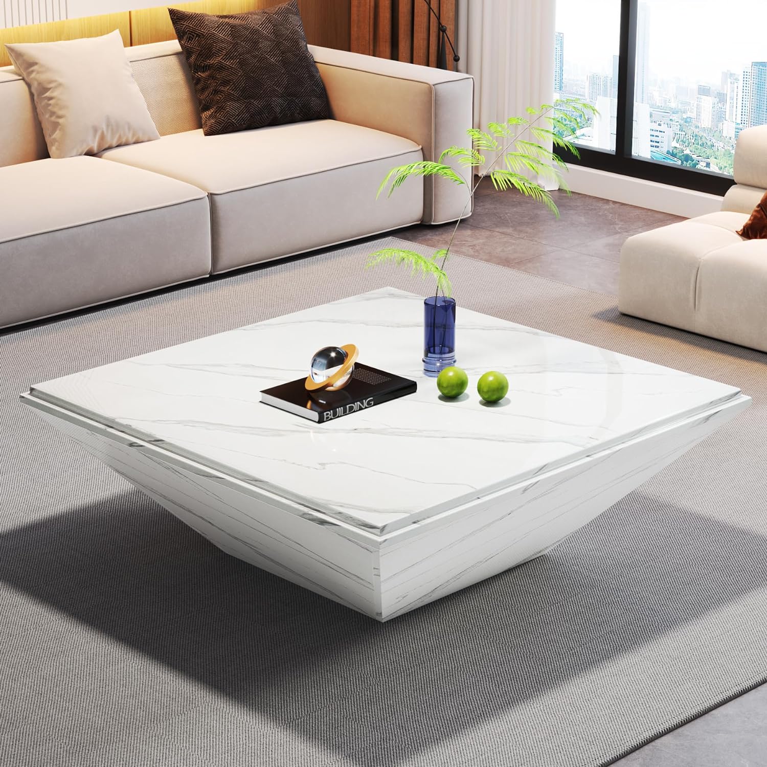 Modern Coffee Table, 35.43" Center Table with Faux Marble Top