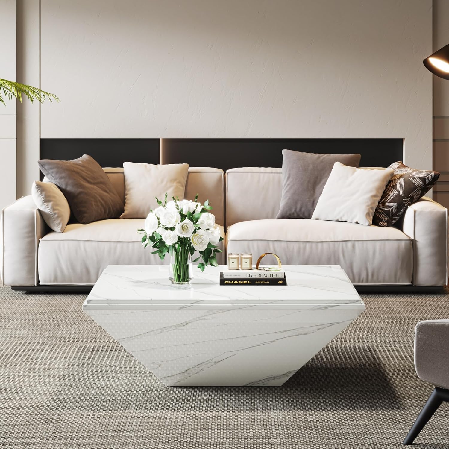 Modern Coffee Table, 35.43" Center Table with Faux Marble Top