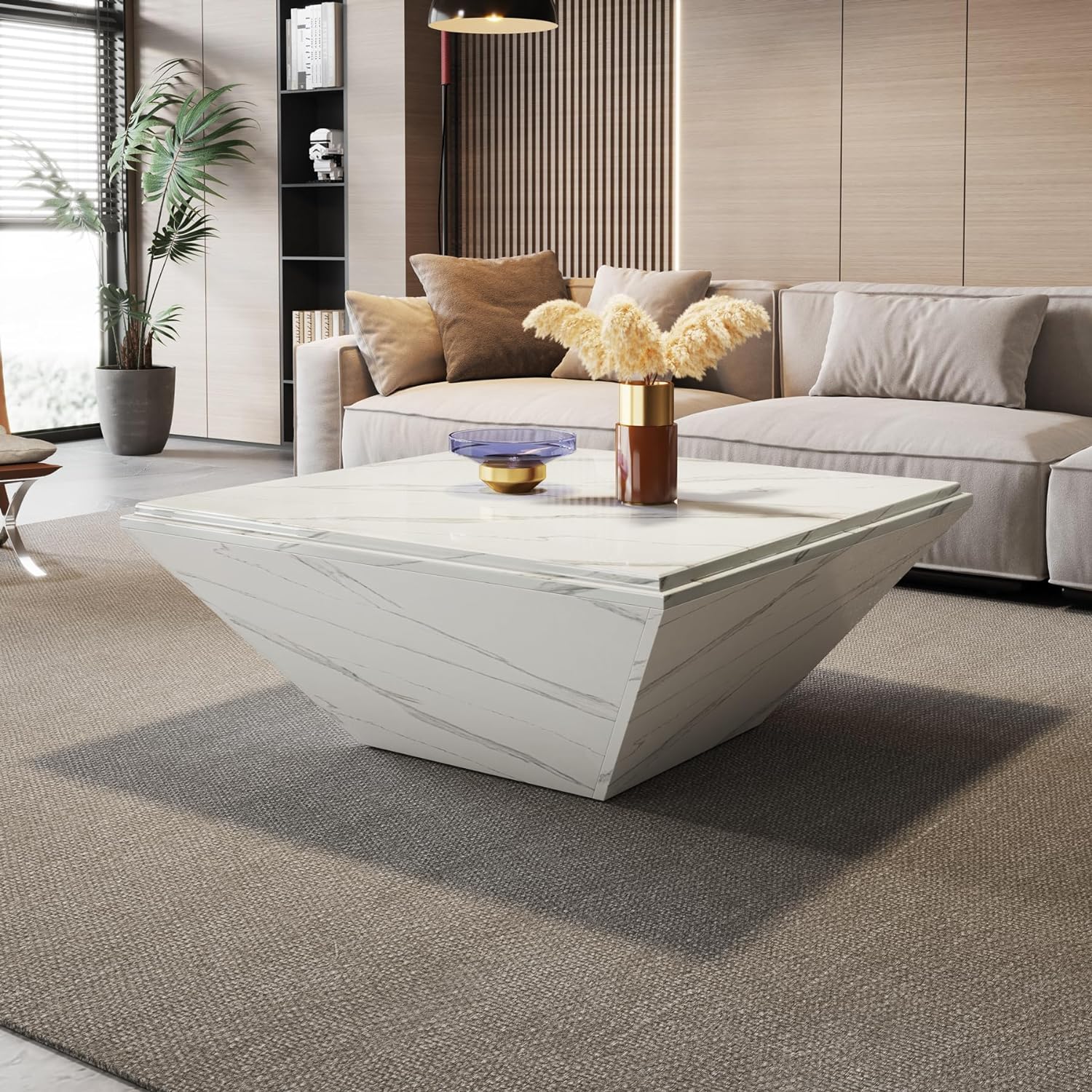 Modern Coffee Table, 35.43" Center Table with Faux Marble Top