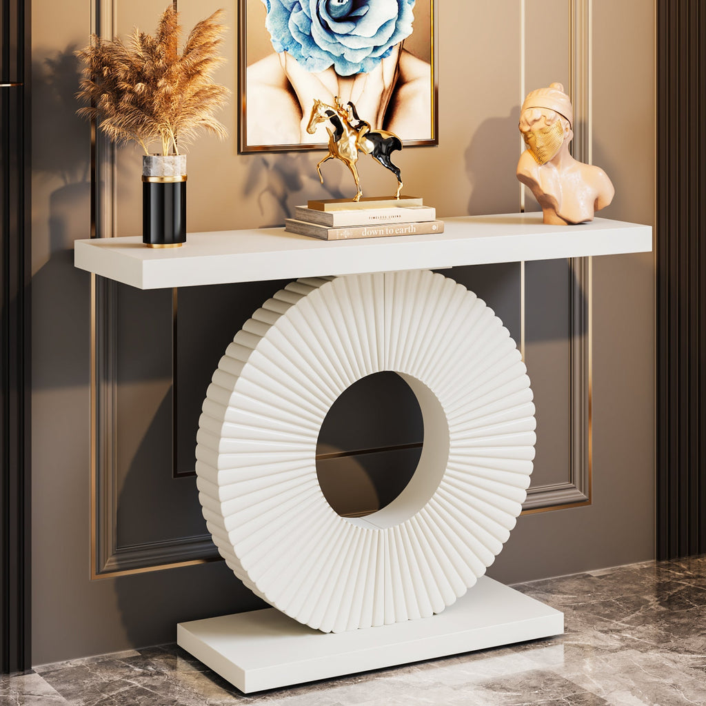 Modern Console Table 40" Wood Sofa Table Geometric Base