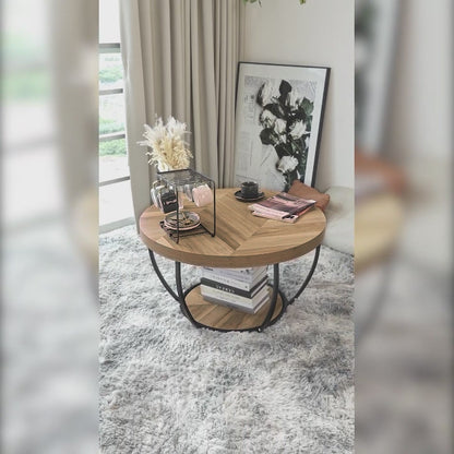 Round Wooden Coffee Table with 2-Tier Shelves