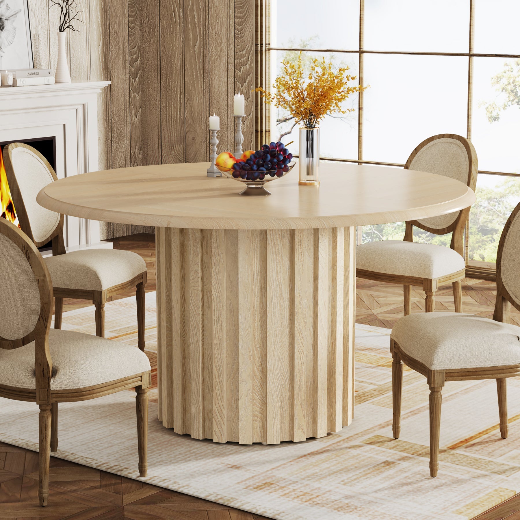 Round Dining Table, 43.3" Farmhouse Kitchen Table with Metal Base for 4