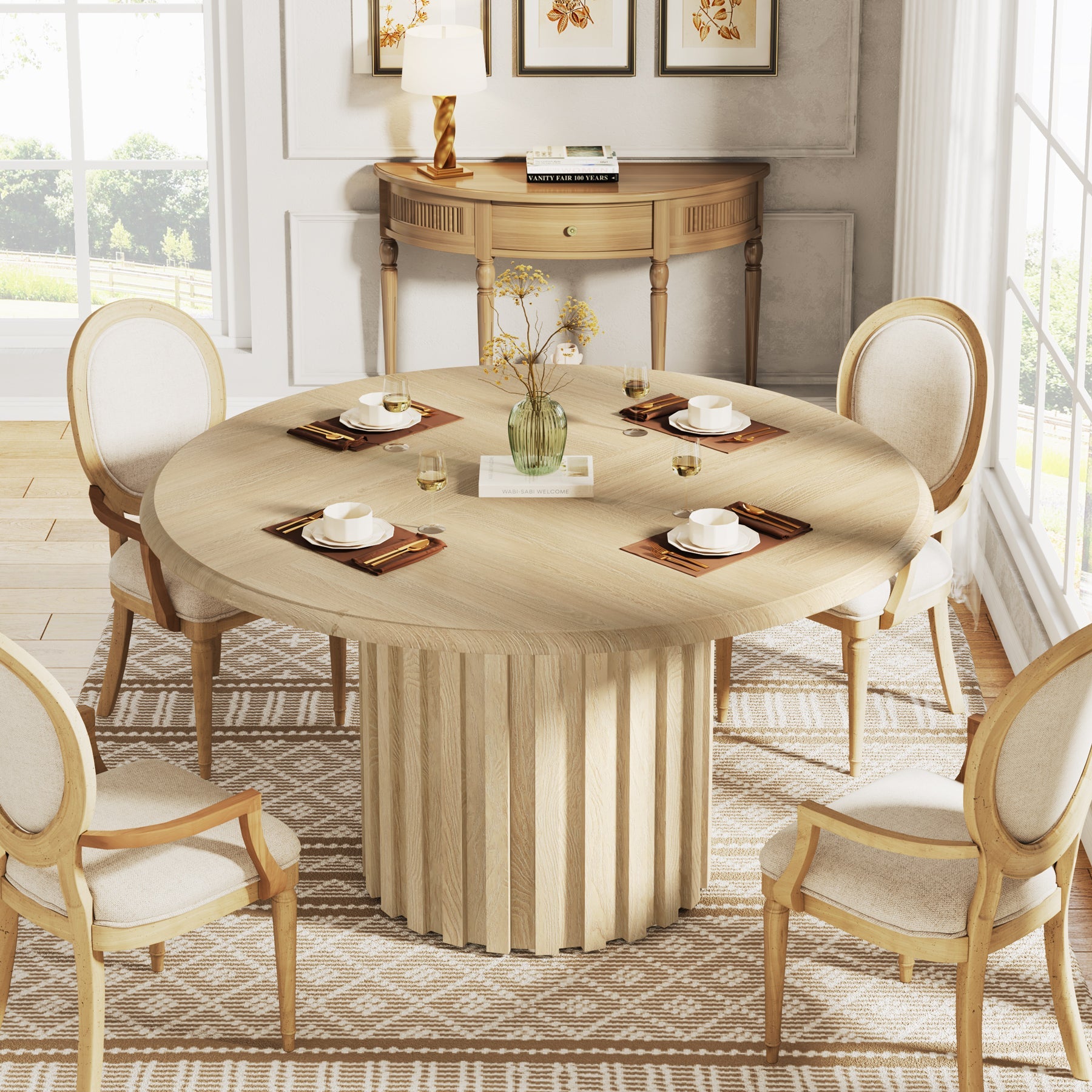 Round Dining Table, 43.3" Farmhouse Kitchen Table with Metal Base for 4